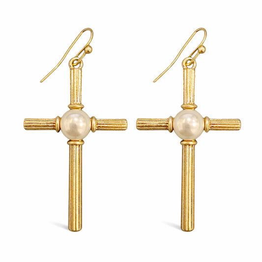 Thin Gold Metal with Pearl Accent 1.75" Cross Earring