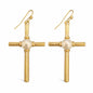 Thin Gold Metal with Pearl Accent 1.75" Cross Earring