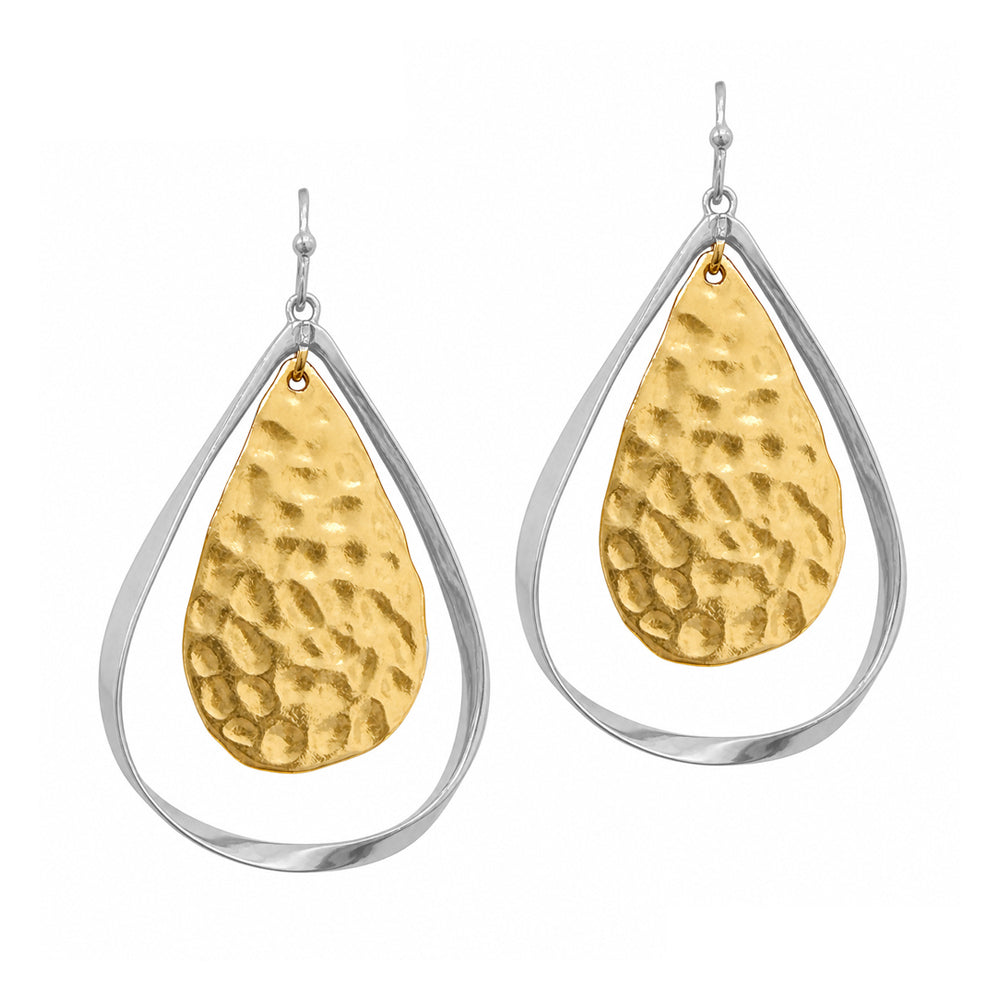 Silver Outline with Hammered Gold Teardrop 2" Earring