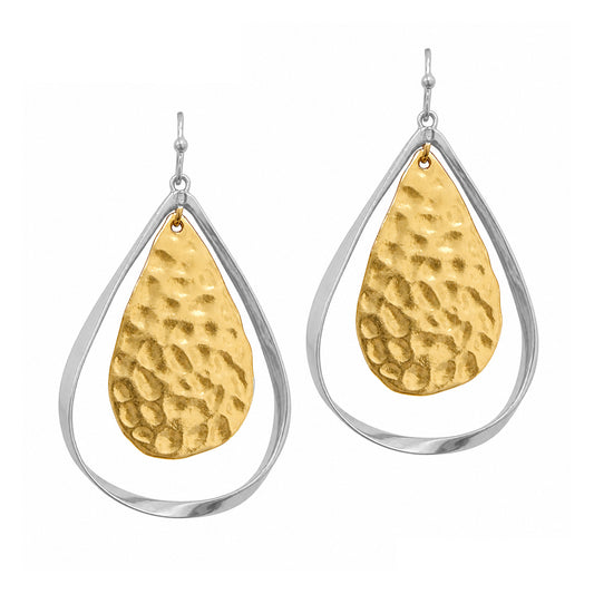Silver Outline with Hammered Gold Teardrop 2" Earring