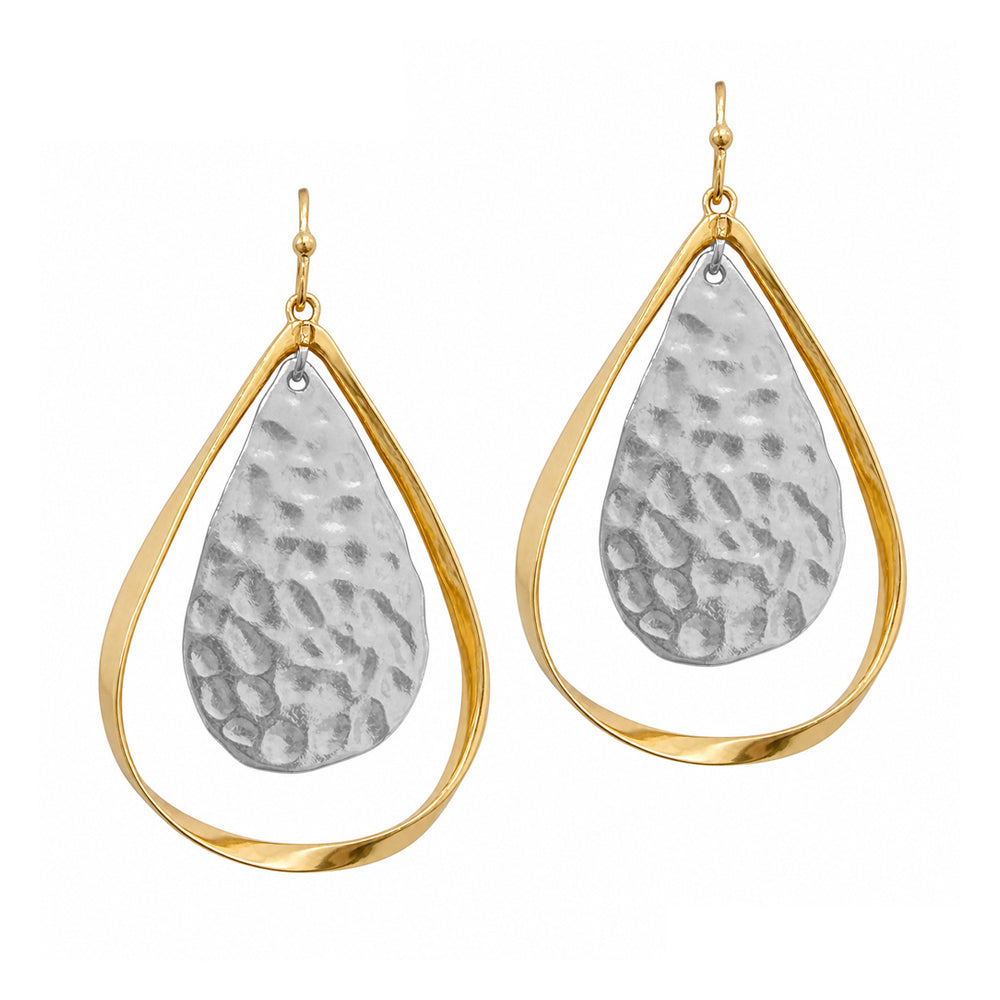 Gold Outline with Hammered Silver Teardrop 2" Earring