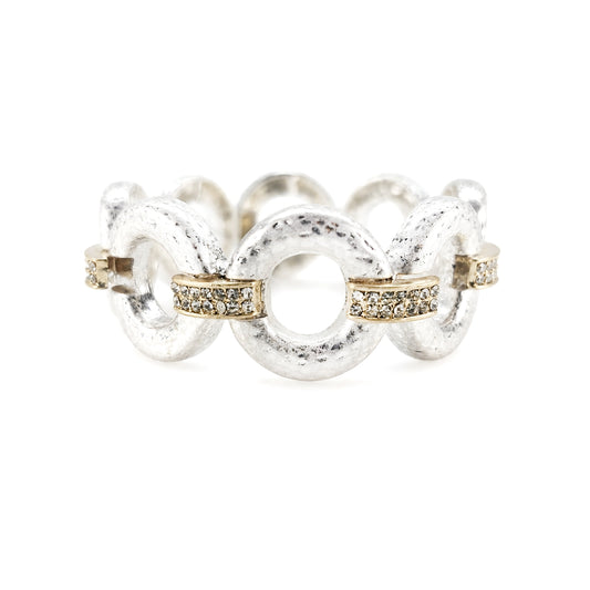 Worn Silver Textured Open Circle with Rhinestone Gold Bar Stretch Bracelet