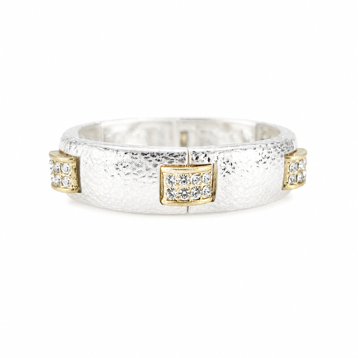 Silver Textured .5" Stretch Bracelet with Gold Rhinestone Square Accents