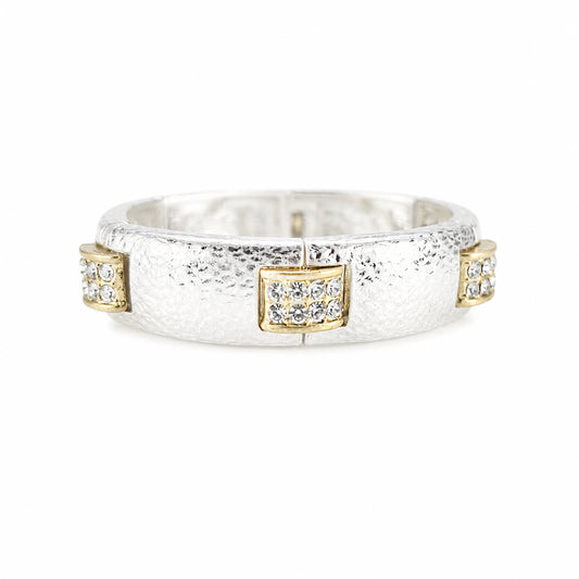 Silver Textured .5" Stretch Bracelet with Gold Rhinestone Square Accents