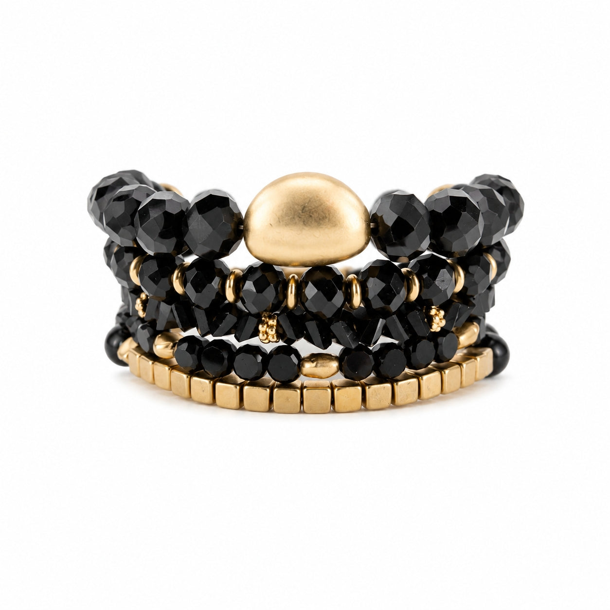 Set of 4 Black Beaded Crystal and Gold Stretch Bracelets