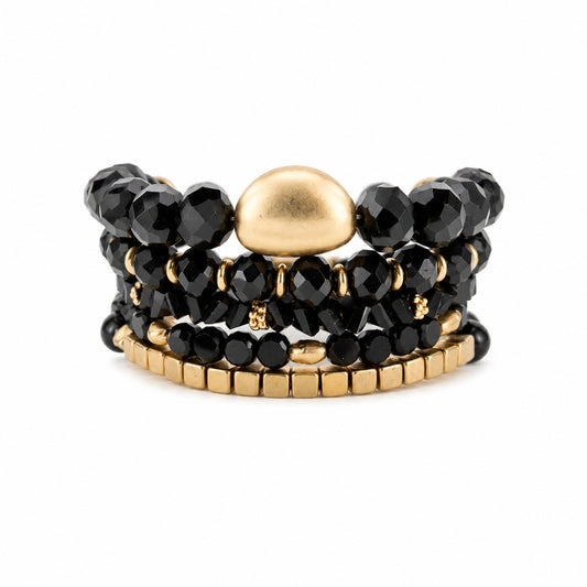 Set of 4 Black Beaded Crystal and Gold Stretch Bracelets