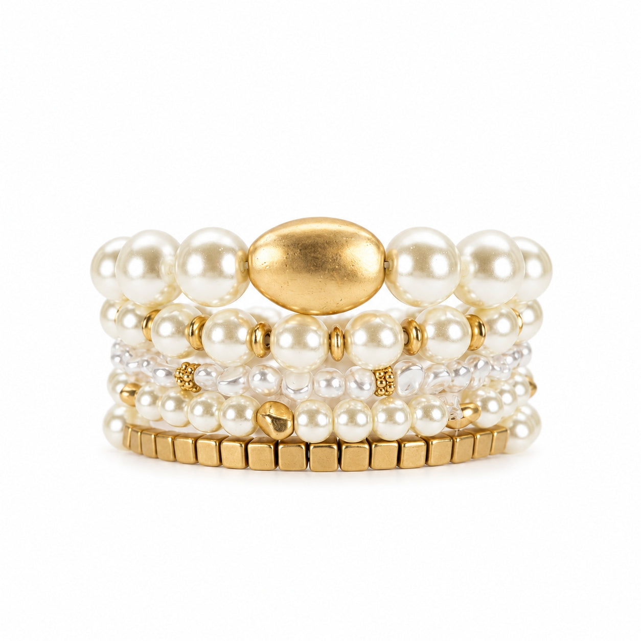 Set of 4 Pearl Beaded Crystal and Gold Stretch Bracelets