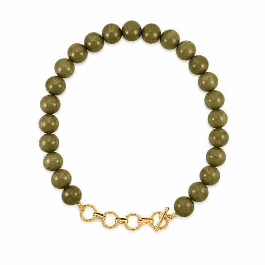 Green 14MM Beaded Necklace with Gold Chain Toggle 18" Necklace