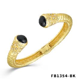 Hammered Matte Gold Cuff Bracelet with Black Crystal Accent
