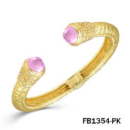 Hammered Matte Gold Cuff Bracelet with Pink Crystal Accent