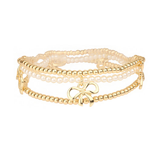 Set of 3 Gold Beaded and Pearl with Gold Bow Charm Stretch Bracelet