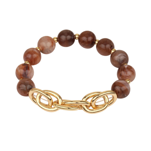 Brown Beaded with Gold Chain Stretch Bracelet
