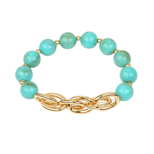 Turquoise Beaded with Gold Chain Stretch Bracelet