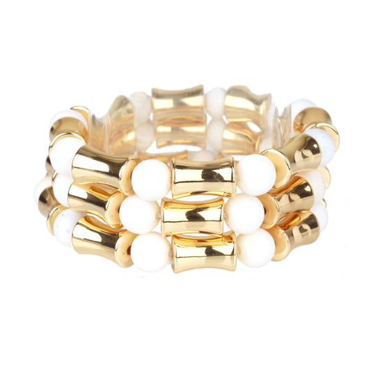 Set of 3 White Natural Stone and Gold Bar Stretch Bracelets