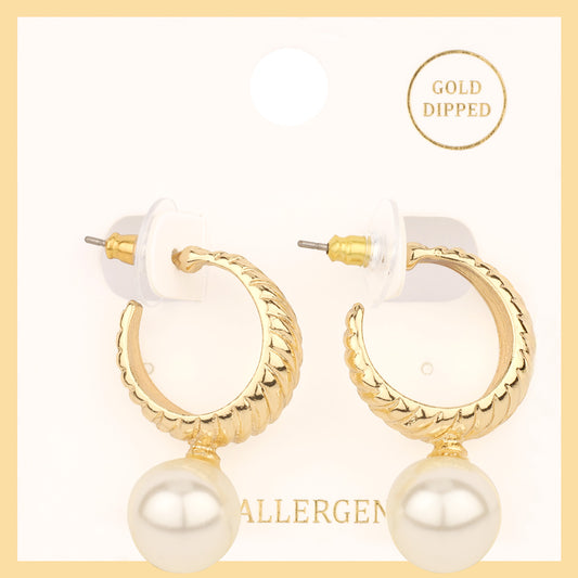 Gold and Pearl Textured 1" Hoop Earring