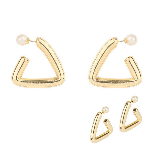 Lightweight Gold Triangle with Pearl Earring Back Accent 1.5" Earring