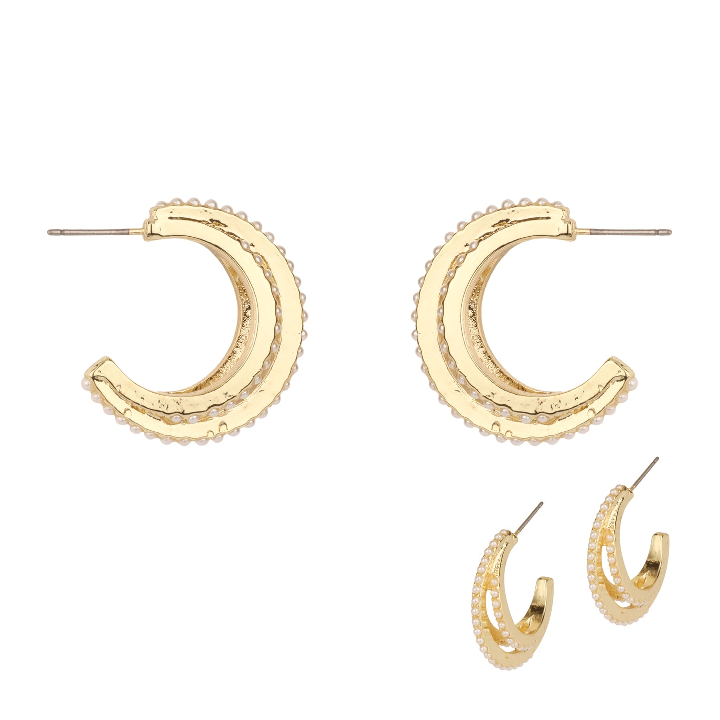 Gold with Studded Pearl Layered 1" Hoop Earring