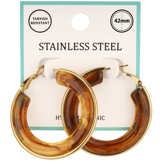 Brown Acryic and Gold 2" Hoop Earring