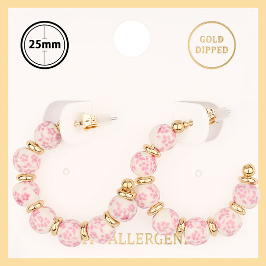 White and Pink Beaded with Gold Accent 1.25" Earring