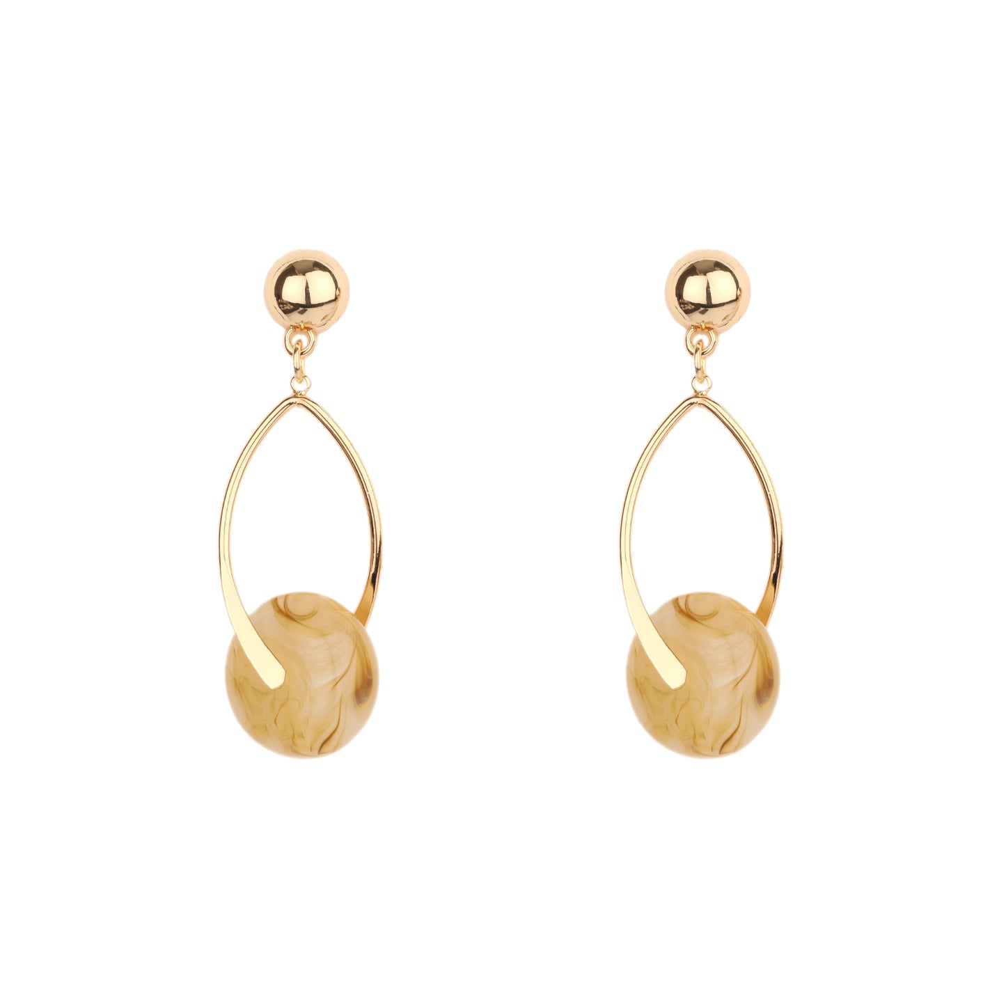 Gold Open Metal Drop with Beige Natural Stone Circle Accent 1" Earring