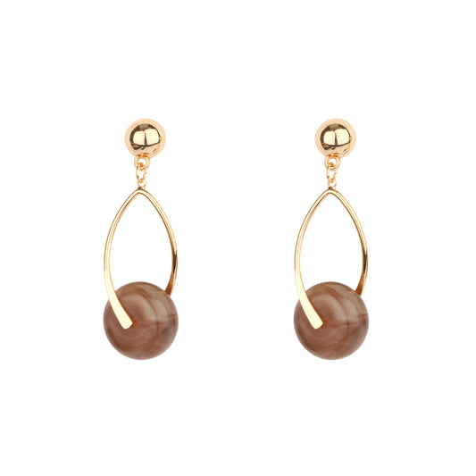 Gold Open Metal Drop with Brown Natural Stone Circle Accent 1" Earring