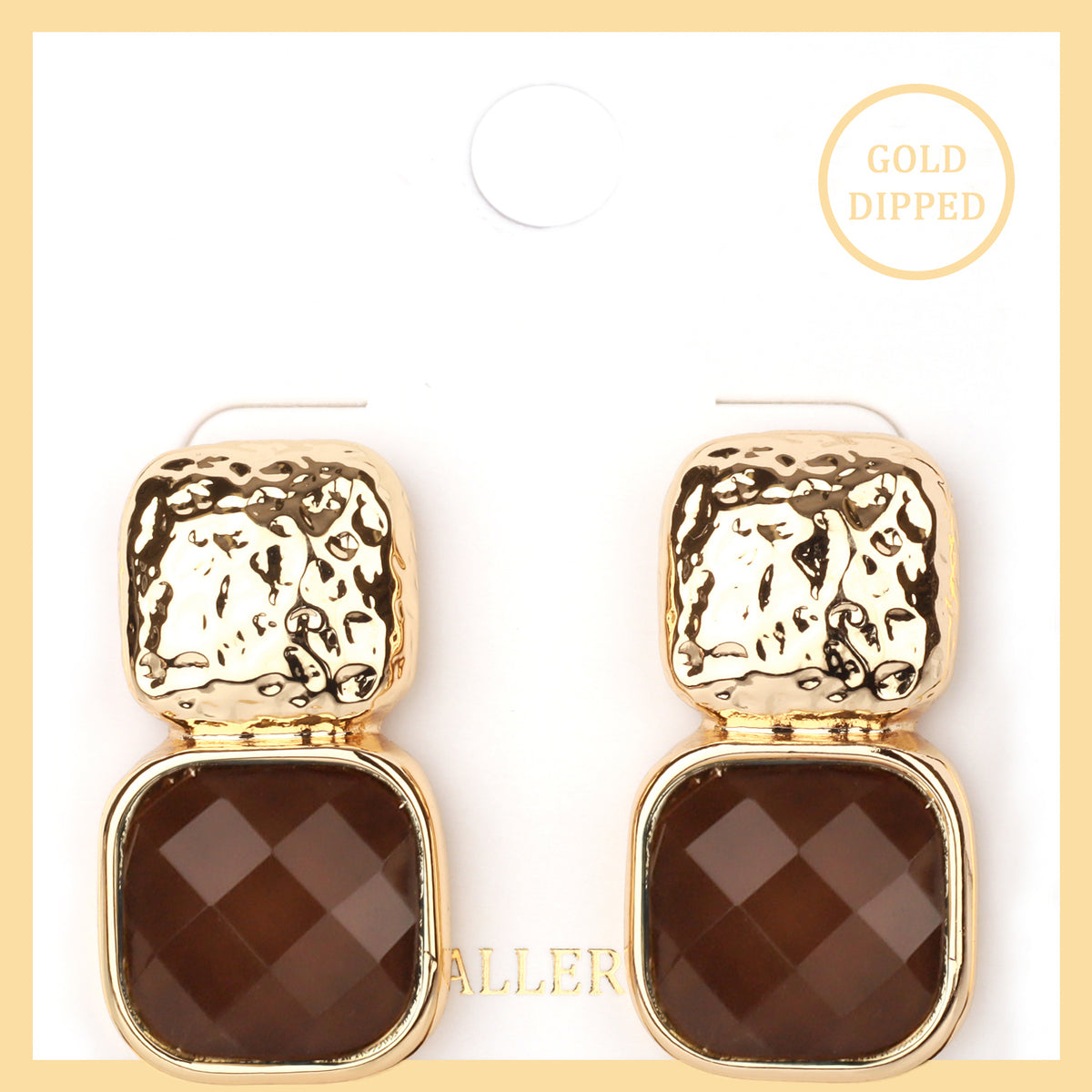 Gold Hammered Square with Brown Acrylic Stone 1" Earring