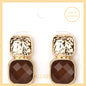 Gold Hammered Square with Brown Acrylic Stone 1" Earring