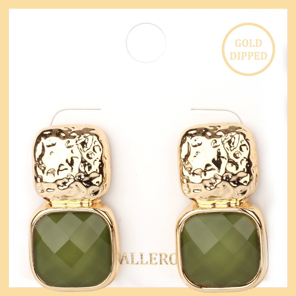 Gold Hammered Square with Olive Green Acrylic Stone 1" Earring