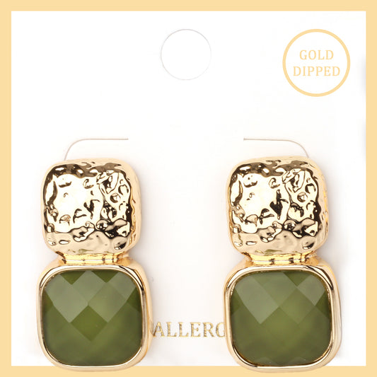 Gold Hammered Square with Olive Green Acrylic Stone 1" Earring
