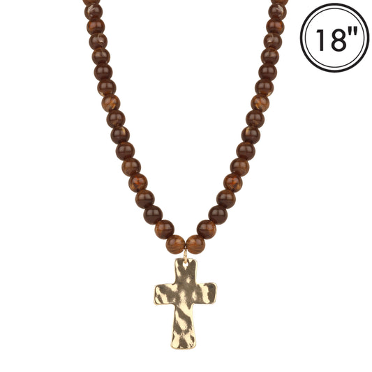 Brown Beaded with Hammered Gold Cross 16"-18" Necklace