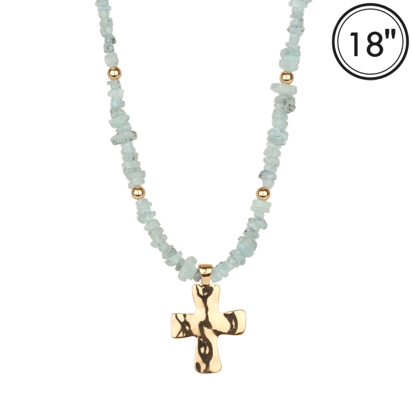 Mint Natual Stone with Shiny Gold Cross 16"-18" Necklace