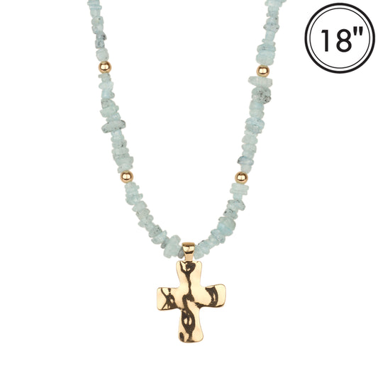 Mint Natual Stone with Shiny Gold Cross 16"-18" Necklace