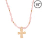 Pink Natual Stone with Shiny Gold Cross 16"-18" Necklace