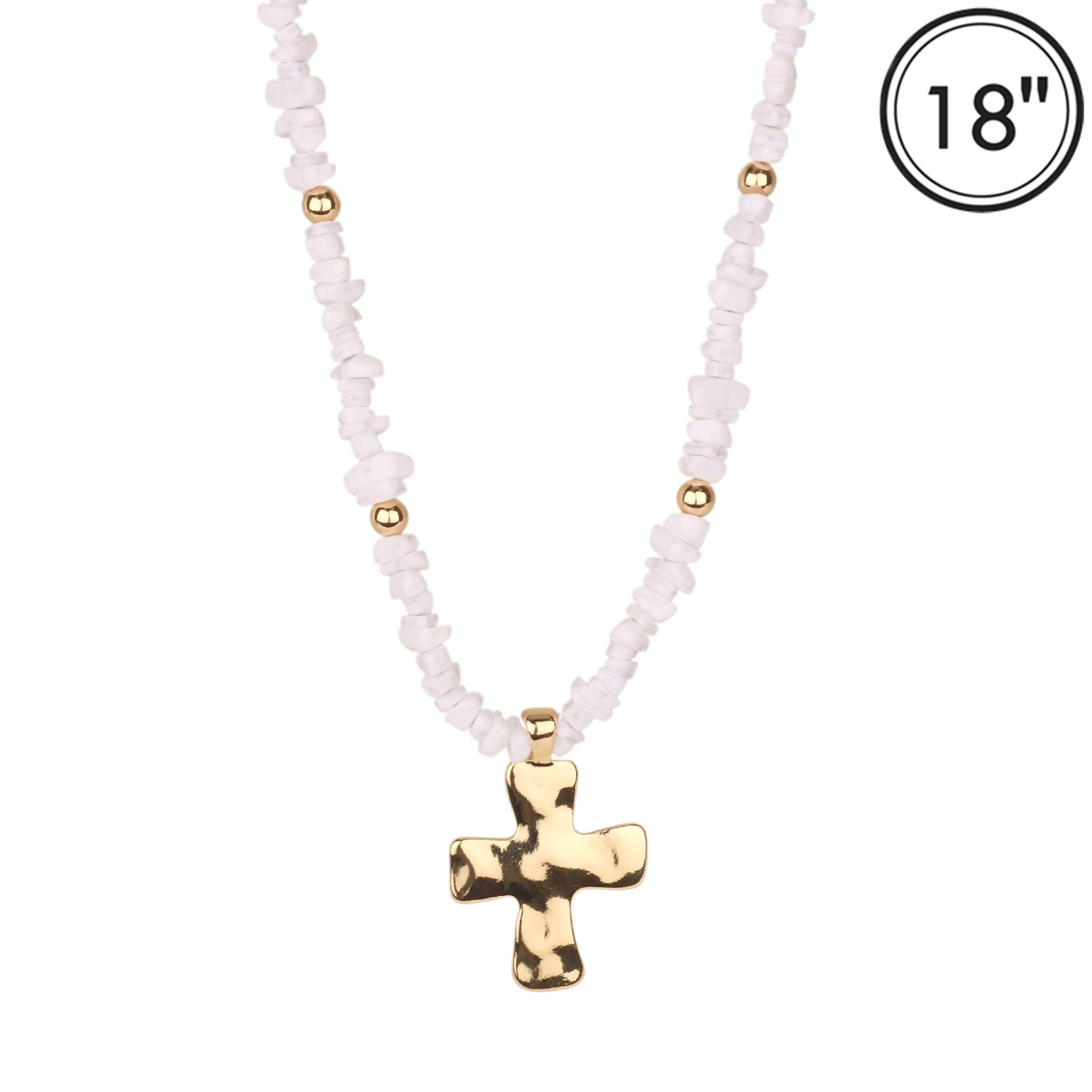 White Natual Stone with Shiny Gold Cross 16"-18" Necklace