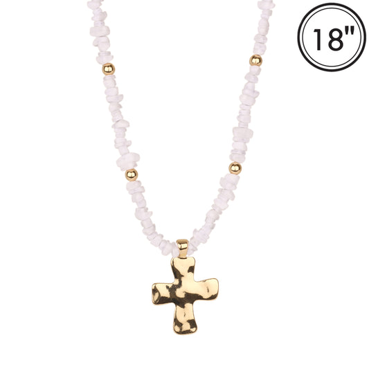 White Natual Stone with Shiny Gold Cross 16"-18" Necklace