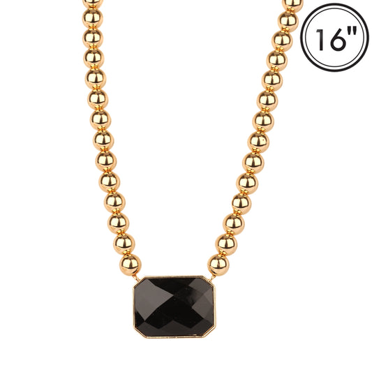 8MM Gold Ball with Black Rectangle 1.5" Stone 16"-18" Necklace