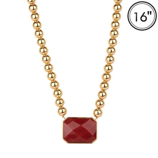 8MM Gold Ball with Maroon Rectangle 1.5" Stone 16"-18" Necklace