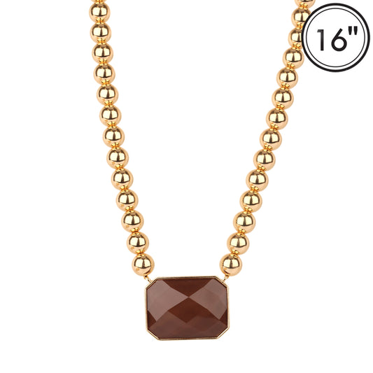 8MM Gold Ball with Brown Rectangle 1.5" Stone 16"-18" Necklace