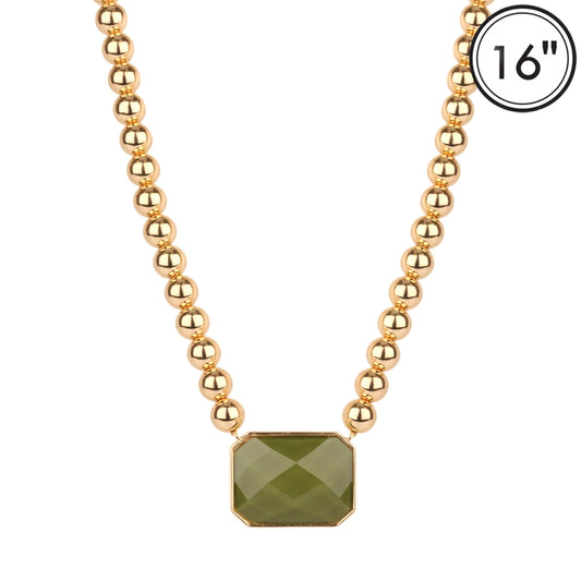 8MM Gold Ball with Olive Rectangle 1.5" Stone 16"-18" Necklace