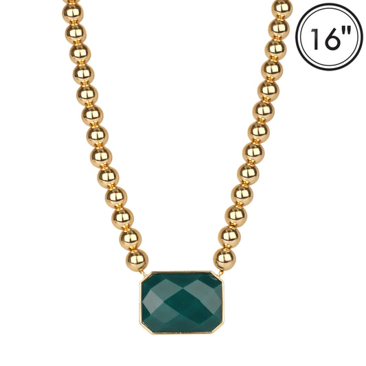 8MM Gold Ball with Teal Rectangle 1.5" Stone 16"-18" Necklace
