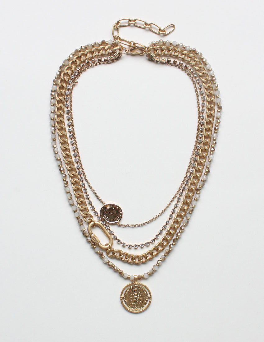 Gold Multi Layered with Coin Drop and Crystal 16"-18" Necklace