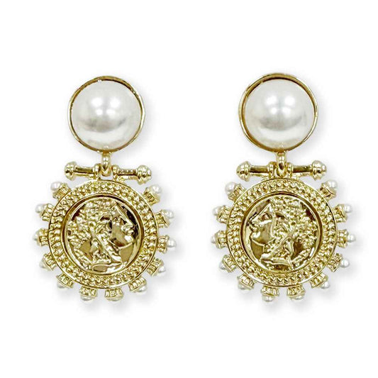 Gold with Pearl Stud and Studded Coin 1.25" Earring