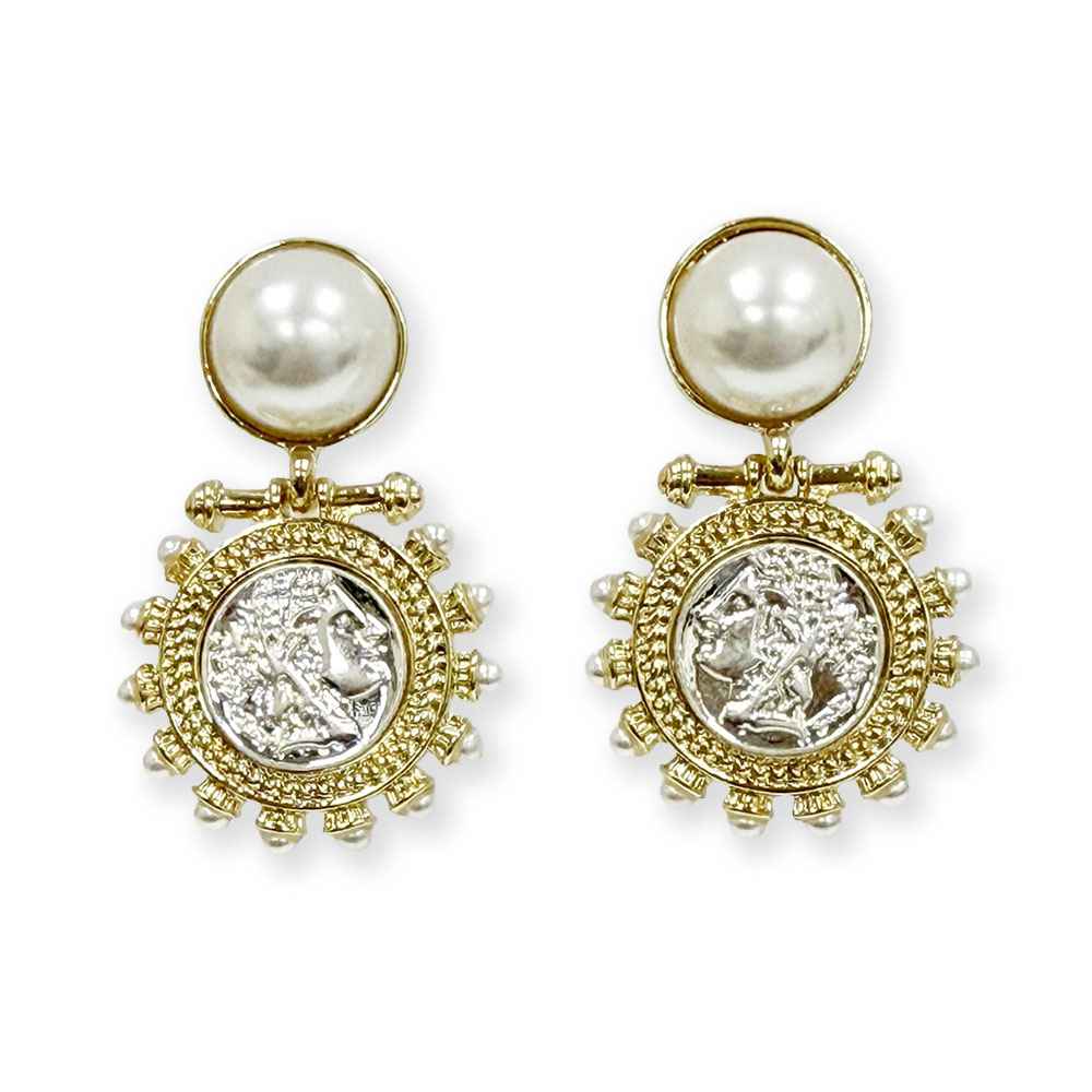 Gold and Silver with Pearl Stud and Studded Coin 1.25" Earring