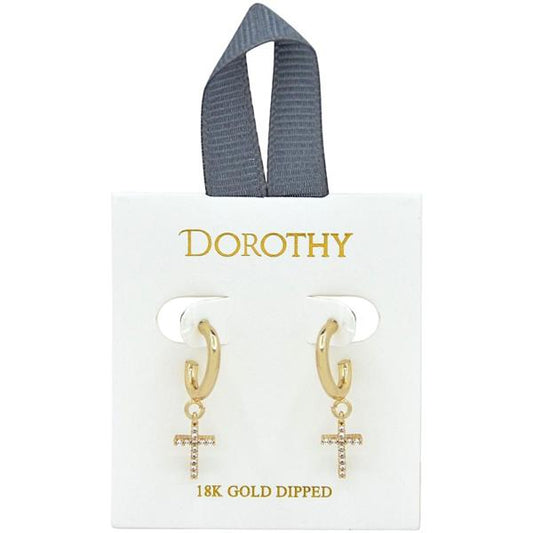 18K Dipped Huggie Hoop with Small Rhinestone Cross Earring