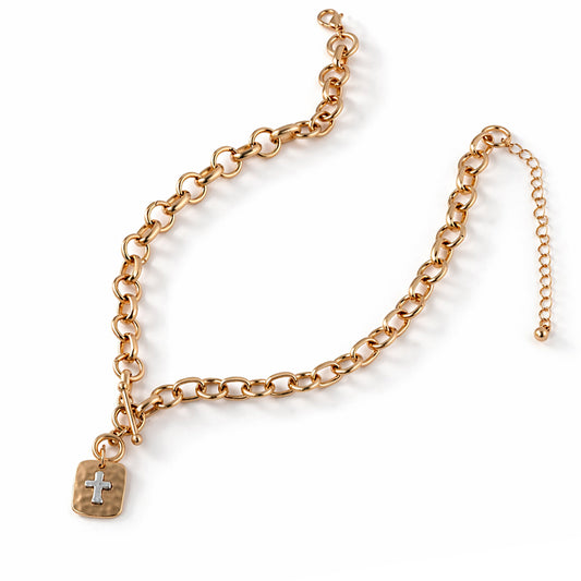 Two Tone Cross Shield 16"-18" Necklace