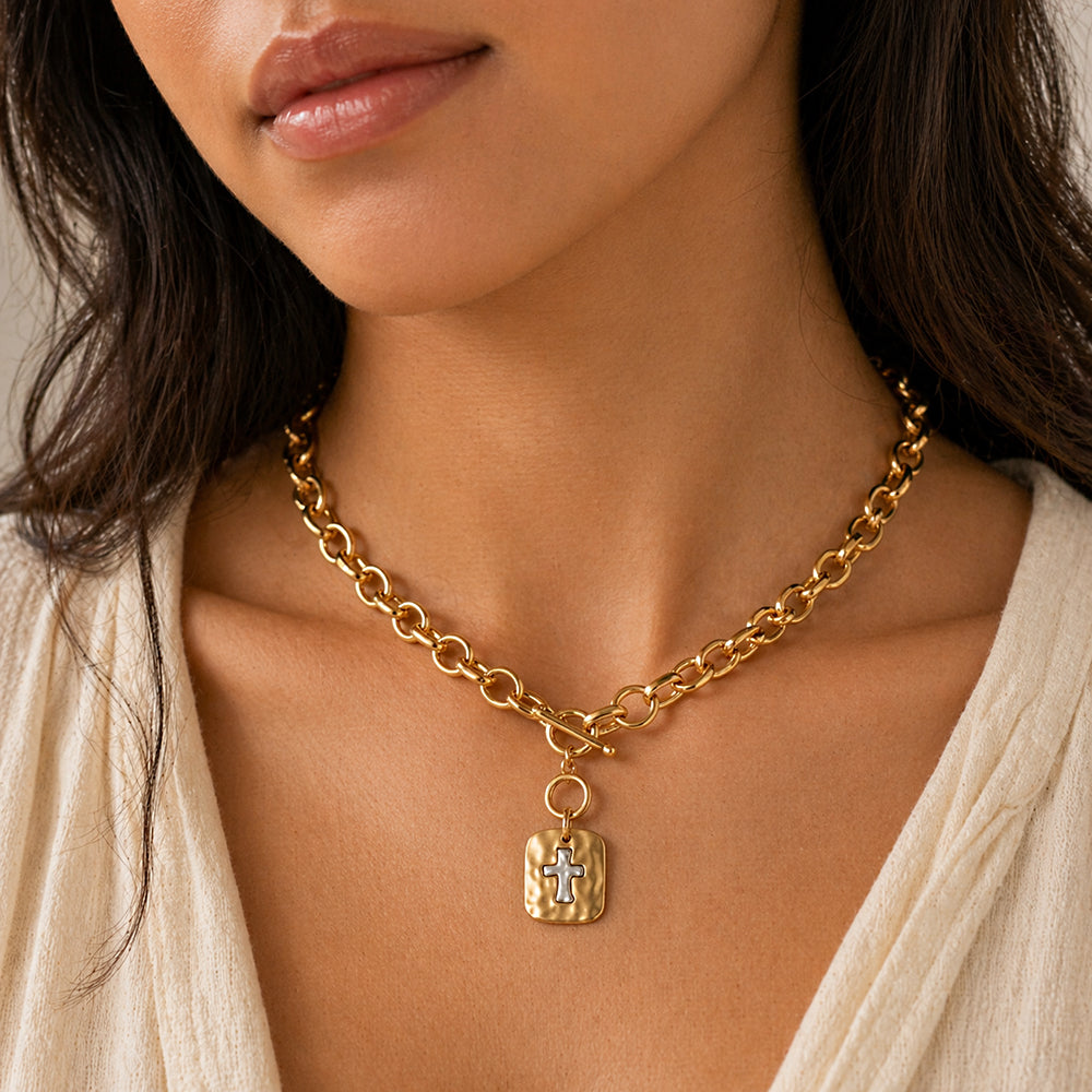 Two Tone Cross Shield 16"-18" Necklace