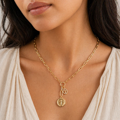 Two Disk Cross CZ Necklace 16"-18" Necklace