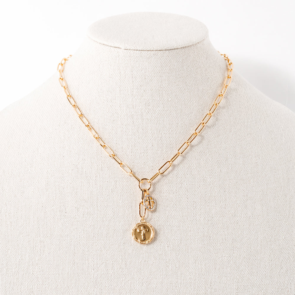 Two Disk Cross CZ Necklace 16"-18" Necklace