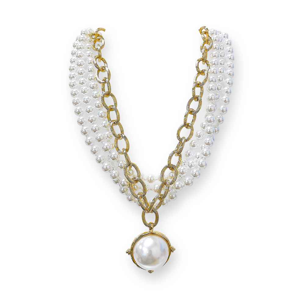 Thick Gold Chain with Thick Pearl Layered and Charm 16"-18" Necklace