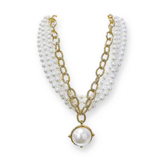 Thick Gold Chain 2 in 1 necklace with Thick Pearl Layered and Charm 16"-18" Necklace